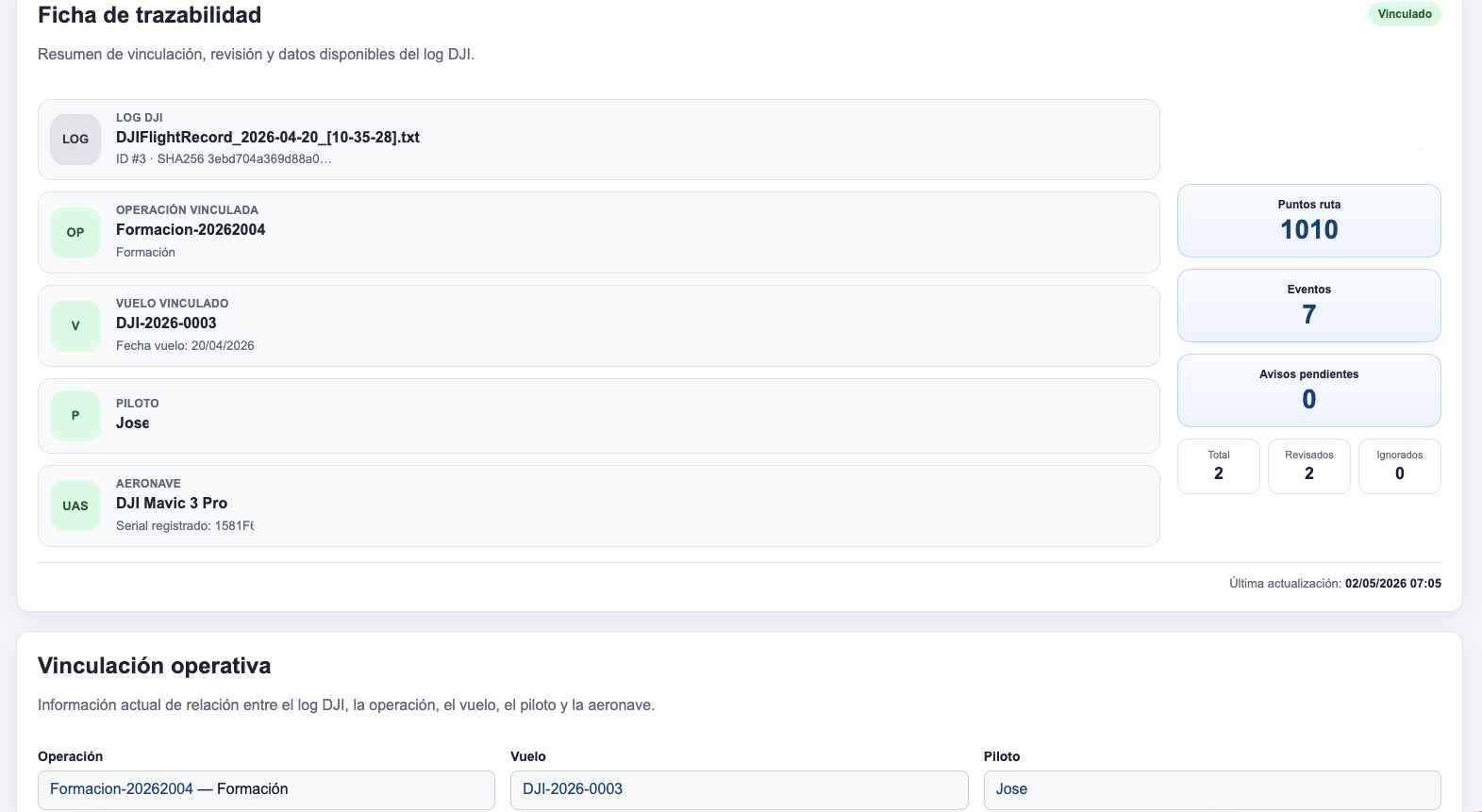 Ficha de trazabilidad de un log DJI en GestDron